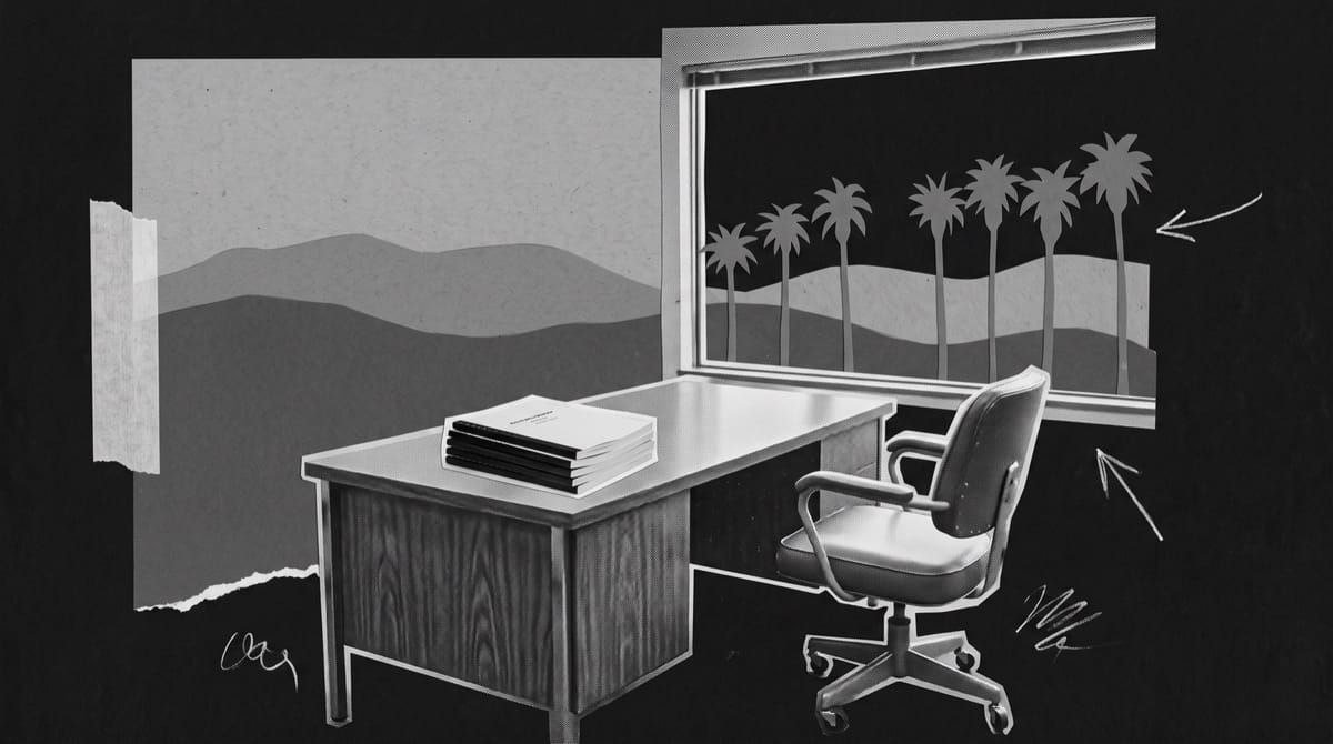 Paper collage of an empty corner office with a stack of bound scripts on the desk, a swivel chair facing the window, and tall palm trees against cut-paper hills outside.