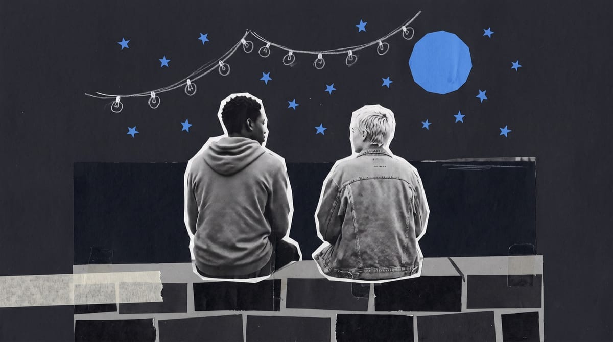Collage of two teenagers seen from behind on a harbour wall at night, looking at a dark sea under a blue paper moon, stars and party lights.