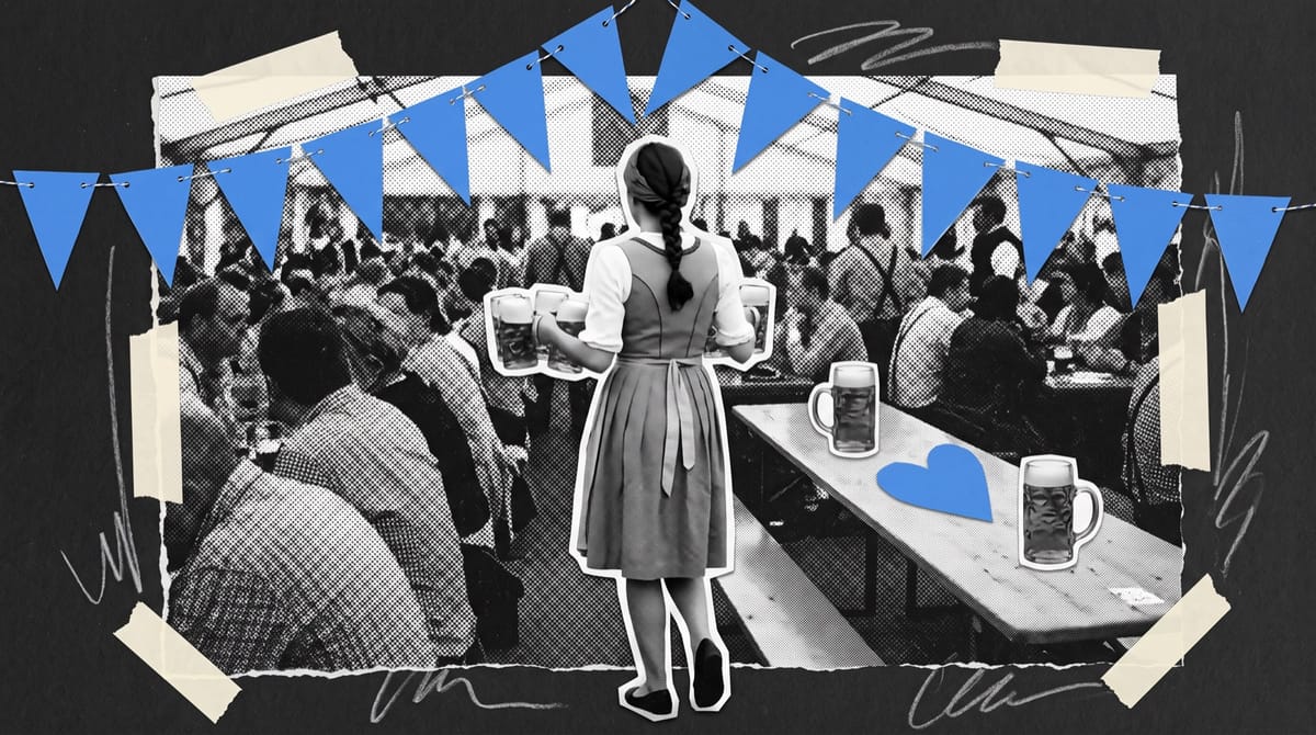 Collage of a waitress seen from behind carrying beer mugs through a crowded festival tent, under blue paper bunting, with a blue paper heart on the table.
