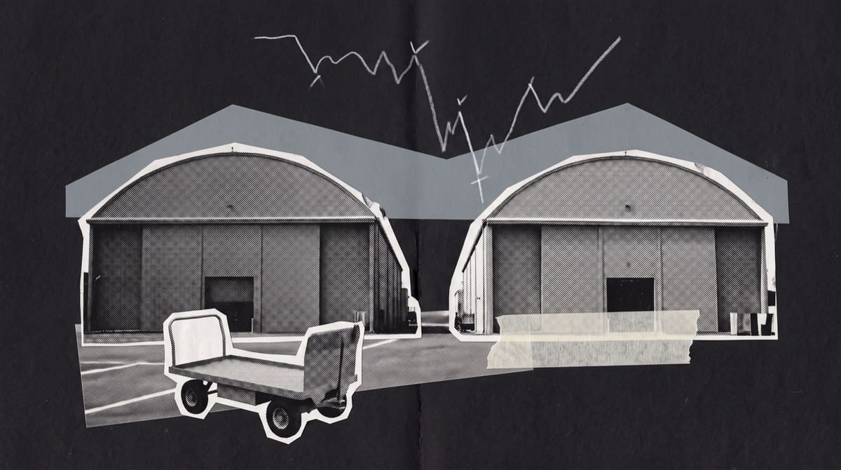 Paper collage of two arched film soundstages joined by one grey paper roof, an empty studio cart parked in front, and pencil lines of a stock chart above.