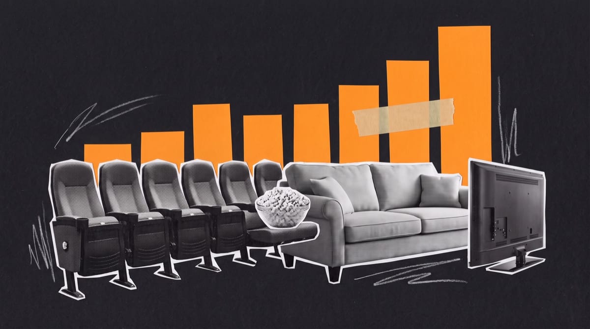 Collage of a row of cinema seats turning into a living-room sofa facing a television, popcorn bowl between them, under an orange paper bar chart rising to the right.