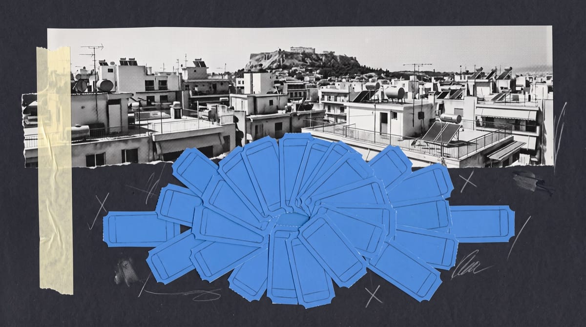 Paper collage of Athens rooftops with water tanks and the Acropolis on the horizon, above a fan of blue paper cinema tickets on a café table.