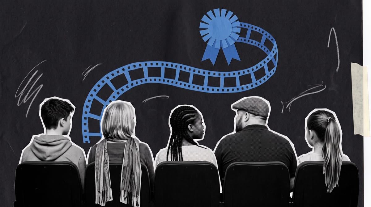 Collage of a cinema audience seen from behind in the dark, with a blue paper film strip curling above their heads up to a round blue medal.