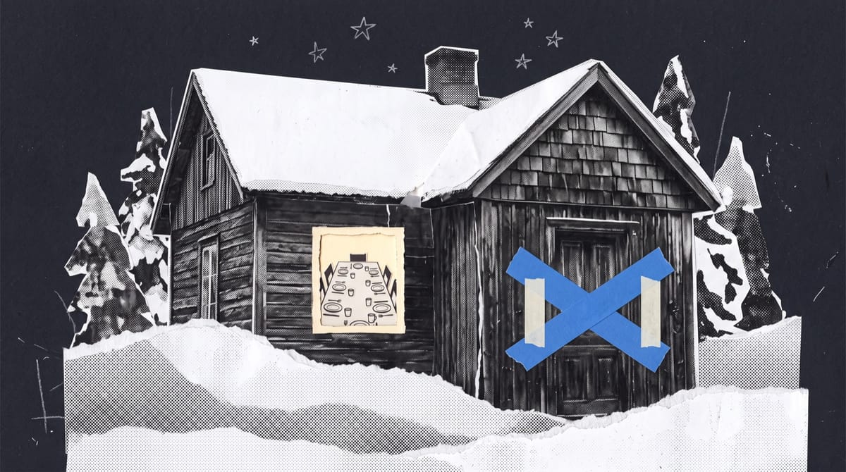 Collage of a snowbound wooden farmhouse at night, a lit window showing a dinner table with seven plates, and blue tape crossed over the front door.