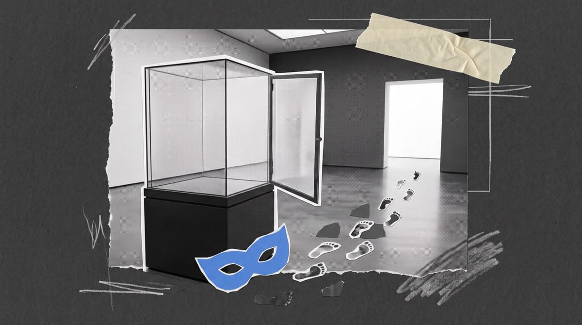 Paper collage of an open, empty museum display case with a blue carnival mask on the floor and small child-sized footprints leading toward a bright doorway.