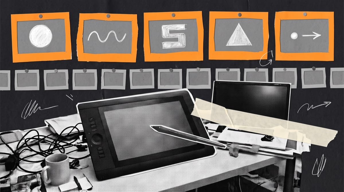 Collage of a drawing tablet and stylus on a cluttered animator's desk, with a row of orange paper storyboard frames pinned above and smaller grey frames below.