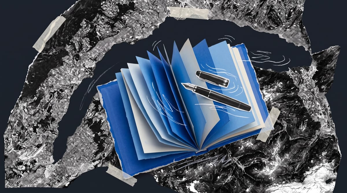 Collage of a black-and-white lake and mountains, with an open blue paper book and an uncapped fountain pen floating on the water among white pencil ripples.