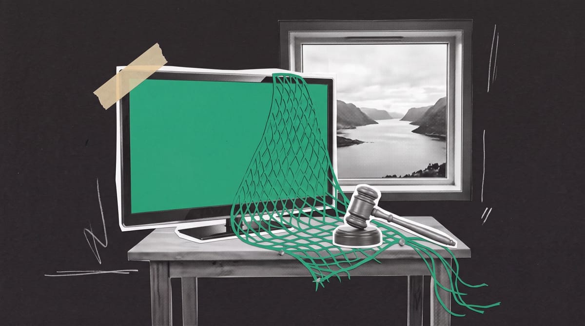 Paper collage of a television on a table by a window over a fjord, a green paper fishing net across its screen held down by a wooden gavel.