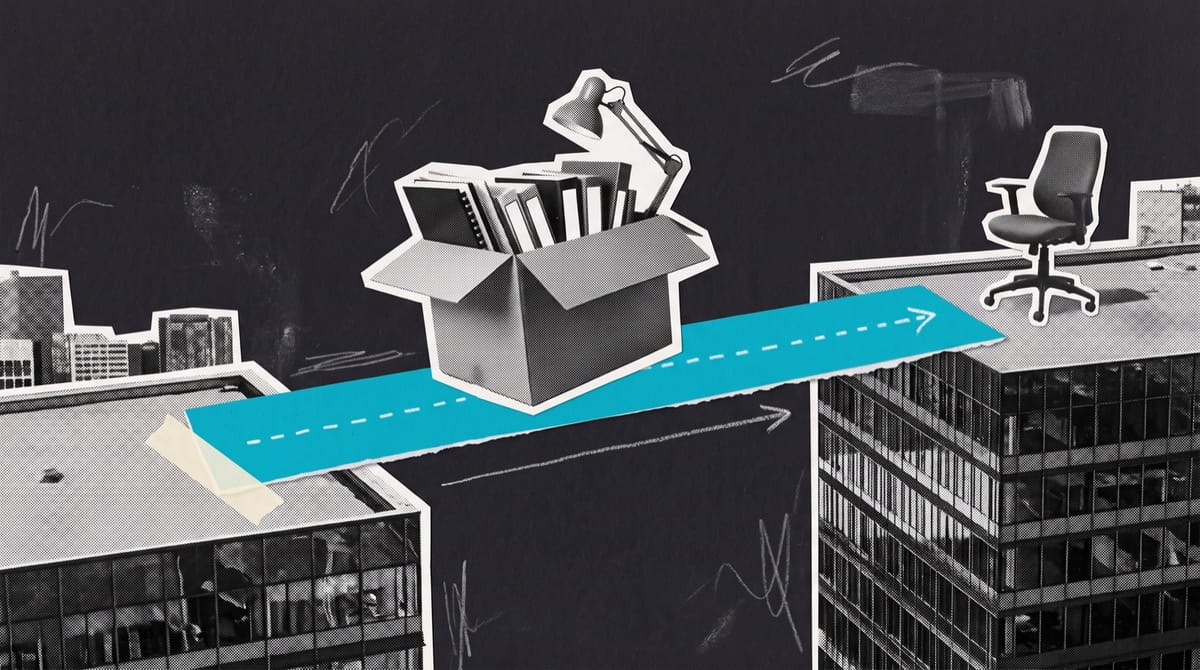 Paper collage of a moving box holding bound scripts and a desk lamp on a cyan plank bridging two office rooftops, with an empty chair waiting on the far roof.