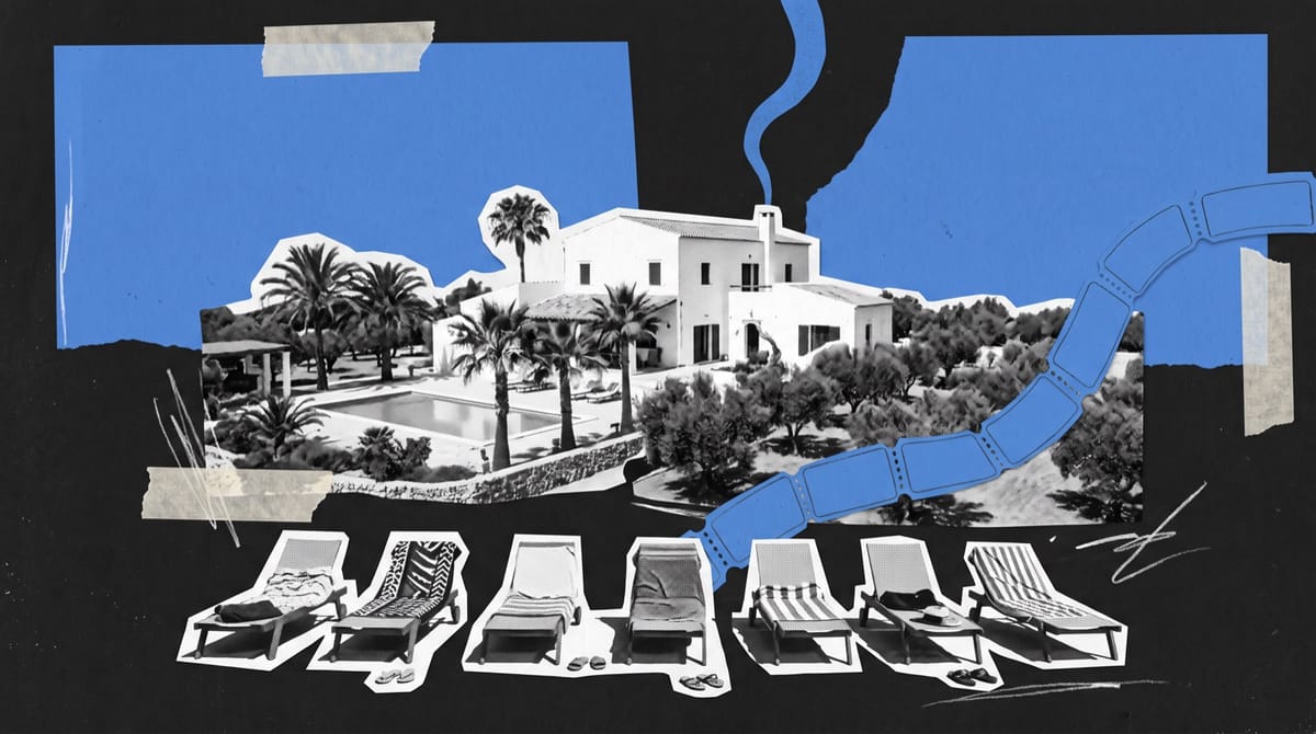 Collage of a whitewashed island house with a pool among olive trees, smoke rising behind it, seven sun loungers in front and a strip of blue cinema tickets.