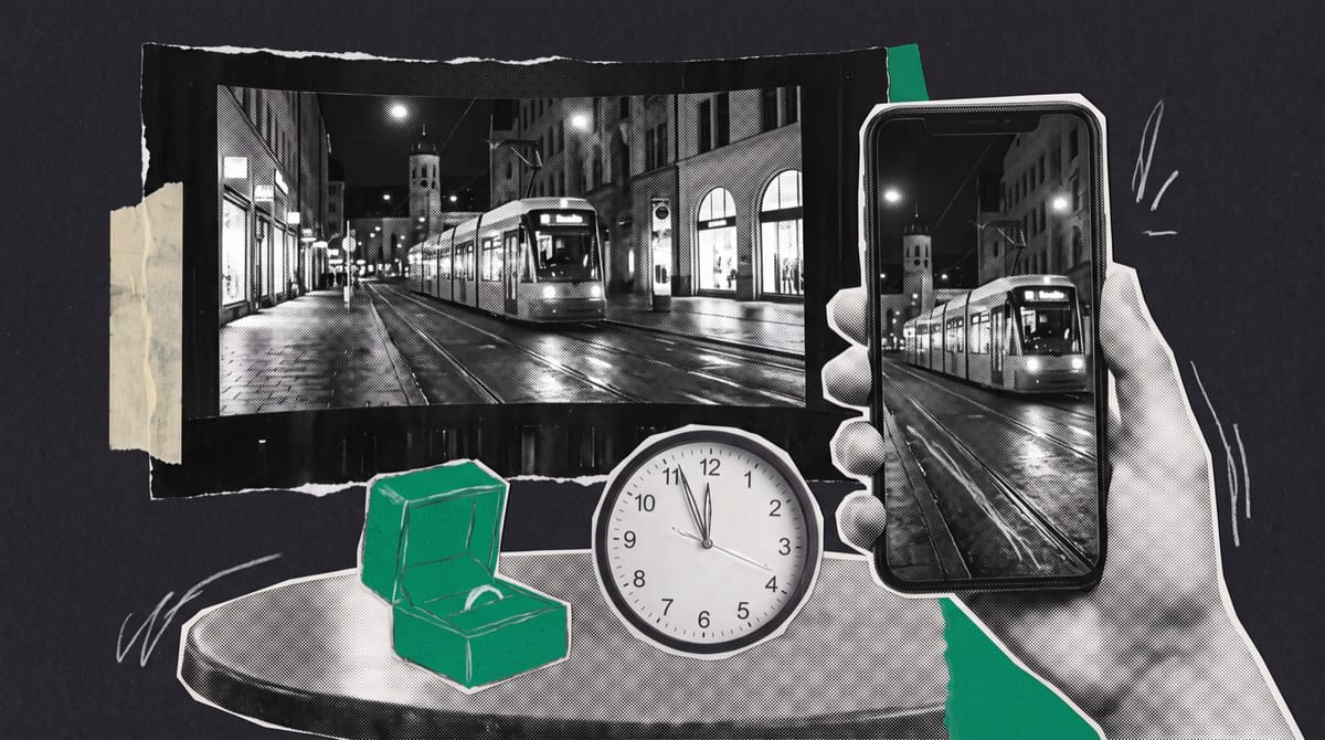 A paper collage of a cinema screen and an upright phone showing the same night street with a tram, above an open green ring box and a clock near midnight.
