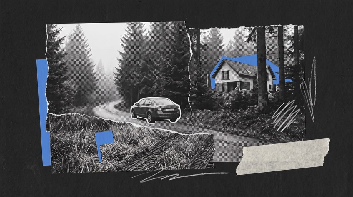 Collage of a misty road through a fir forest, a car parked on the verge, a house among the trees and a small blue marker beside tyre tracks.