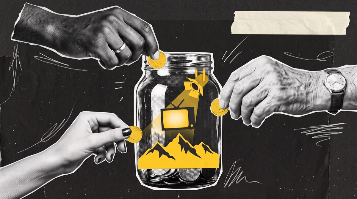 Collage of three hands dropping coins into a shared glass jar holding yellow paper cutouts of Alpine mountains, a television screen and a stage spotlight.