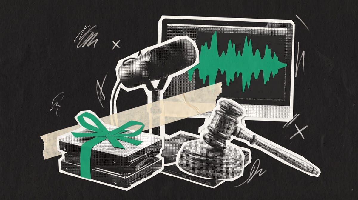 Paper collage of a studio microphone before an editing monitor showing a green sound wave, with a wooden gavel resting on stacked hard drives tied with green ribbon.