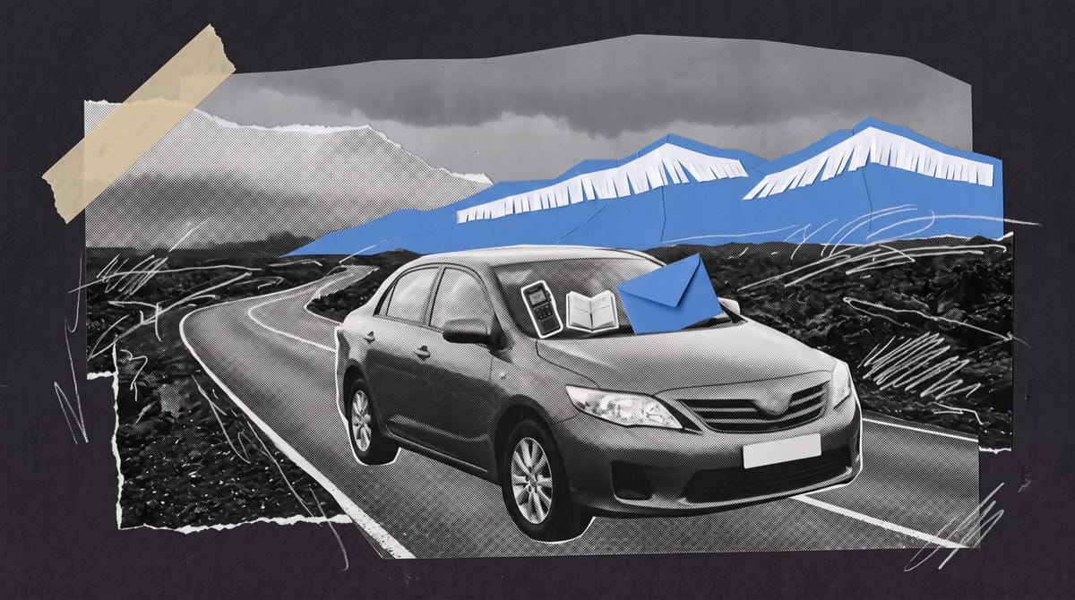 Paper collage of a parked car on an empty road through a black lava field, a recorder and notebook on the dashboard, blue mountains beyond and a blue envelope under the wiper.
