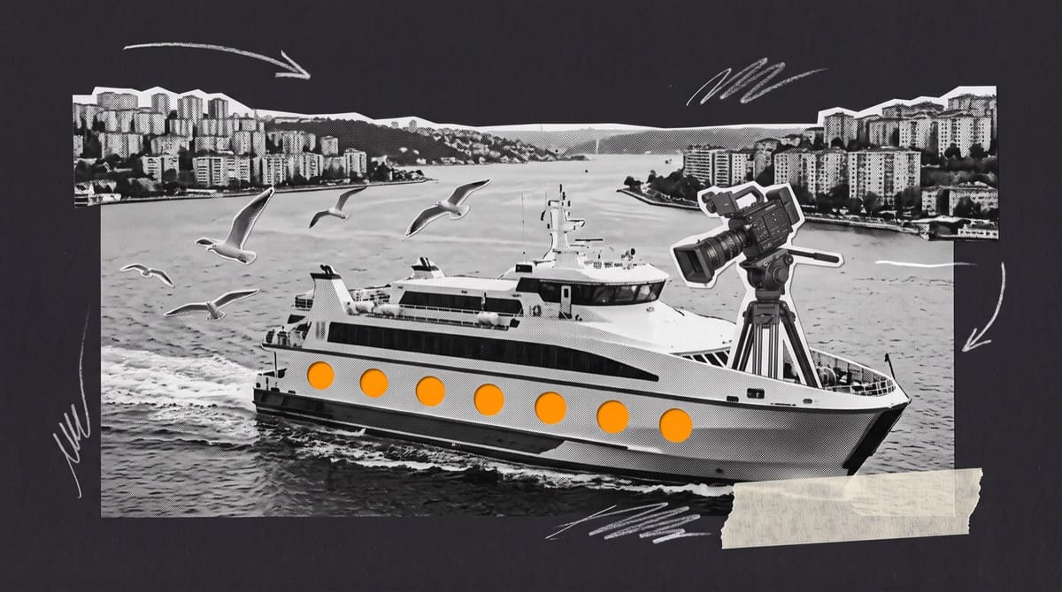 Paper collage of a passenger ferry crossing a strait between hilly city shores, a cinema camera on its deck and seven glowing orange portholes along its side.