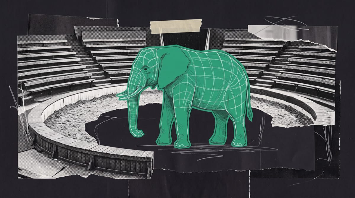 A paper collage of an empty circus ring with sawdust and dark benches, where a green paper elephant covered in a white pencil wireframe stands in the center.