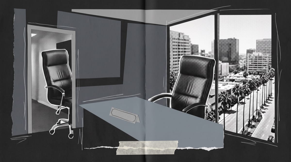 Collage of a high corner office over a sunny city, one leather chair facing the window, a second wheeled through the door, a blank nameplate on the desk.