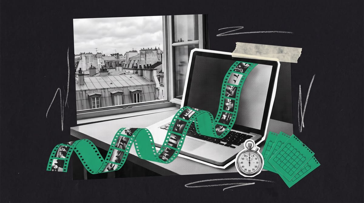 Paper collage of an open laptop by a window over rooftops, with a green film strip spilling across the desk beside a stopwatch and fanned calendar pages.