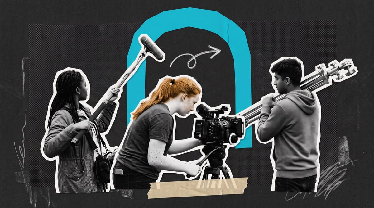 Collage of three young film trainees seen from behind with a boom pole, a camera on a tripod and a lighting stand, walking toward a large cyan paper arch.