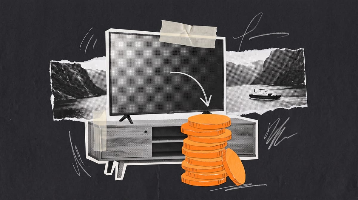 Paper collage of a television on a wooden sideboard beside a column of orange paper coins, with a torn photo of a fjord and small ferry in the window behind.