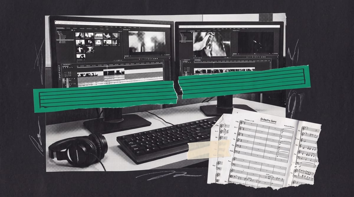 Collage of a film editing suite with two monitors, headphones and a music score, a green paper strip of musical notes cut through over the timeline.
