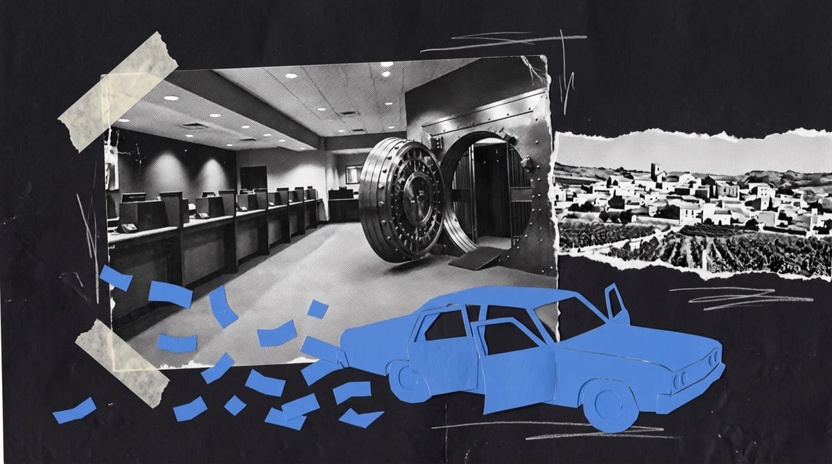 Paper collage of an empty bank lobby at night with an open vault, beside a strip of a sunlit Spanish vineyard town, with a blue paper getaway car and scattered banknotes.