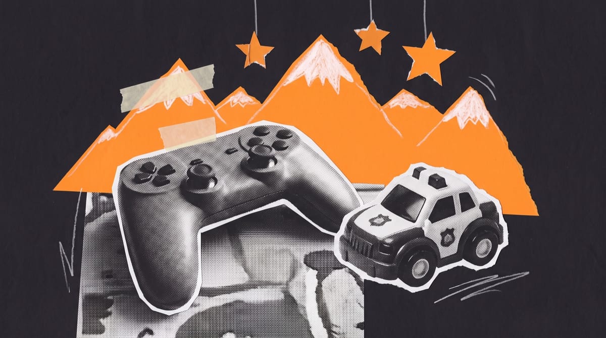 Collage of a game controller and a small toy police car on a bedroom rug, with orange paper mountains and stars rising behind them.