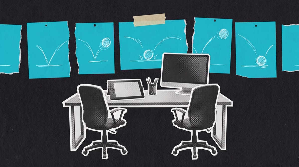 Paper collage of an animation desk with a drawing tablet, pencil cup and monitor, two empty chairs side by side, and cyan sketches of a bouncing ball pinned behind.