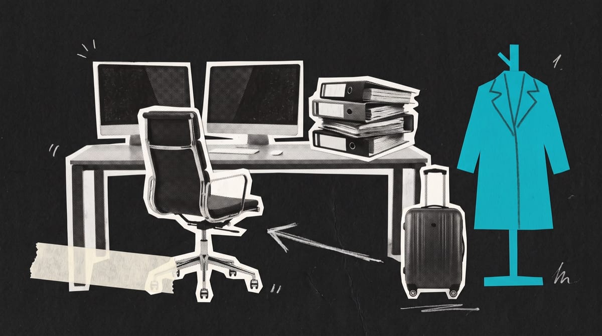 Collage of an empty office chair at a desk with two monitors and pitch folders, beside a packed wheeled suitcase and a cyan paper coat on a stand.