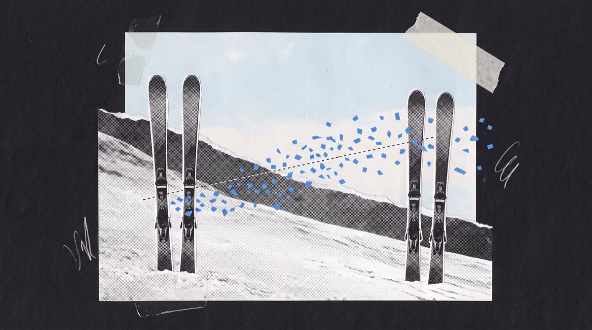 Paper collage of a snowy mountain slope with two pairs of skis upright in the snow, linked by a dotted pencil line through a drift of small blue paper scraps.