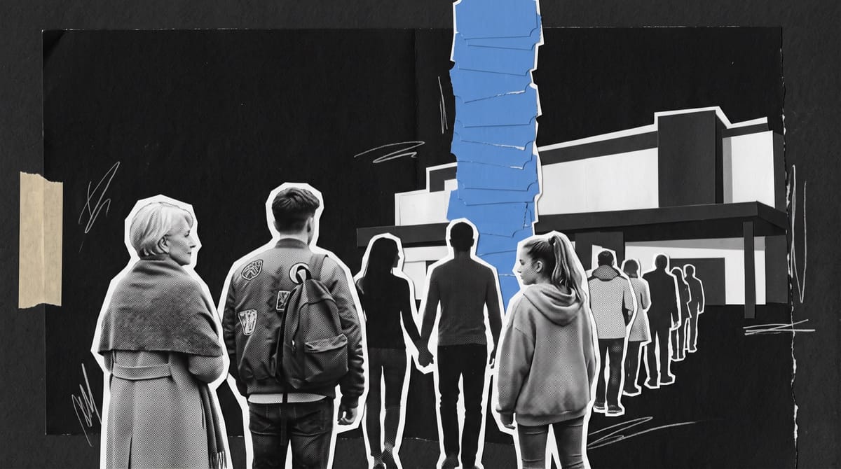 Collage of a night queue outside a modern cinema, seen from behind, with a tall column of blue paper cinema tickets rising above the rooftops.