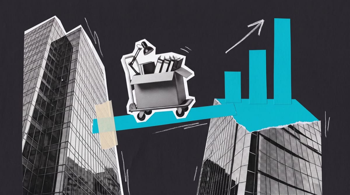 Paper collage of a moving box with a desk lamp and script binders on a trolley, crossing a cyan bridge between glass towers toward three rising cyan bars.
