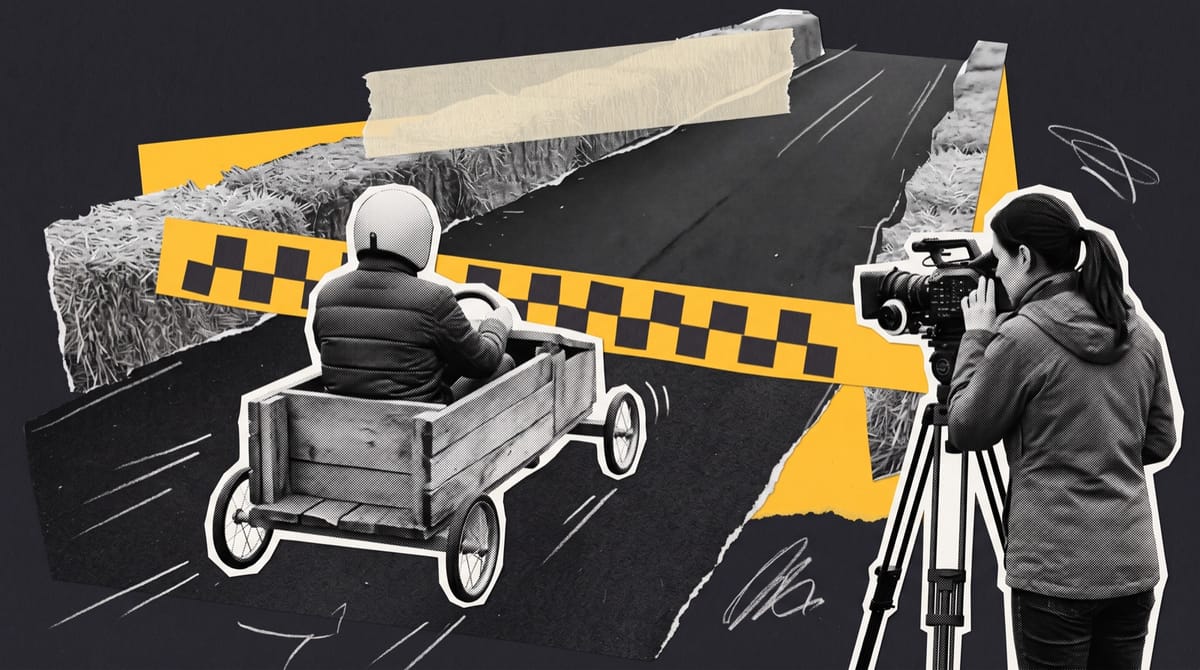 Collage of a homemade wooden soapbox cart racing down a straw-lined ramp toward a yellow chequered finish line, filmed by a camera operator at the trackside.