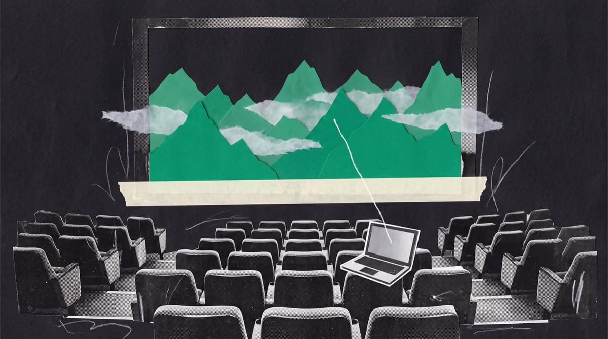 Collage of an empty cinema with green paper mountains on the screen and an open laptop on a front-row seat, a white pencil line linking it to the peaks.