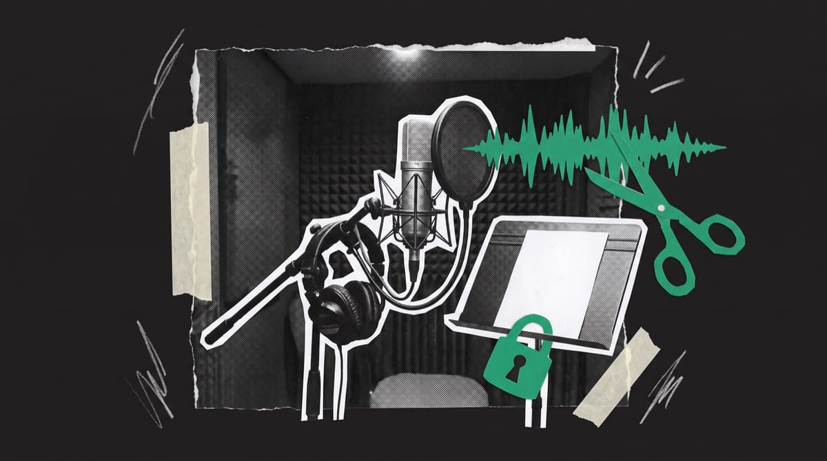 Collage of a studio microphone with headphones on its stand, beside a contract page locked by a green paper padlock and a green sound wave cut by scissors.