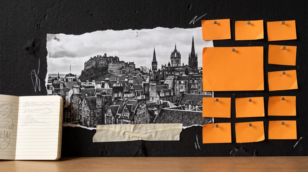 Paper collage of orange index cards pinned in rows above a desk with an open notebook, set against a torn black-and-white strip of rooftops, a hilltop castle and spires.