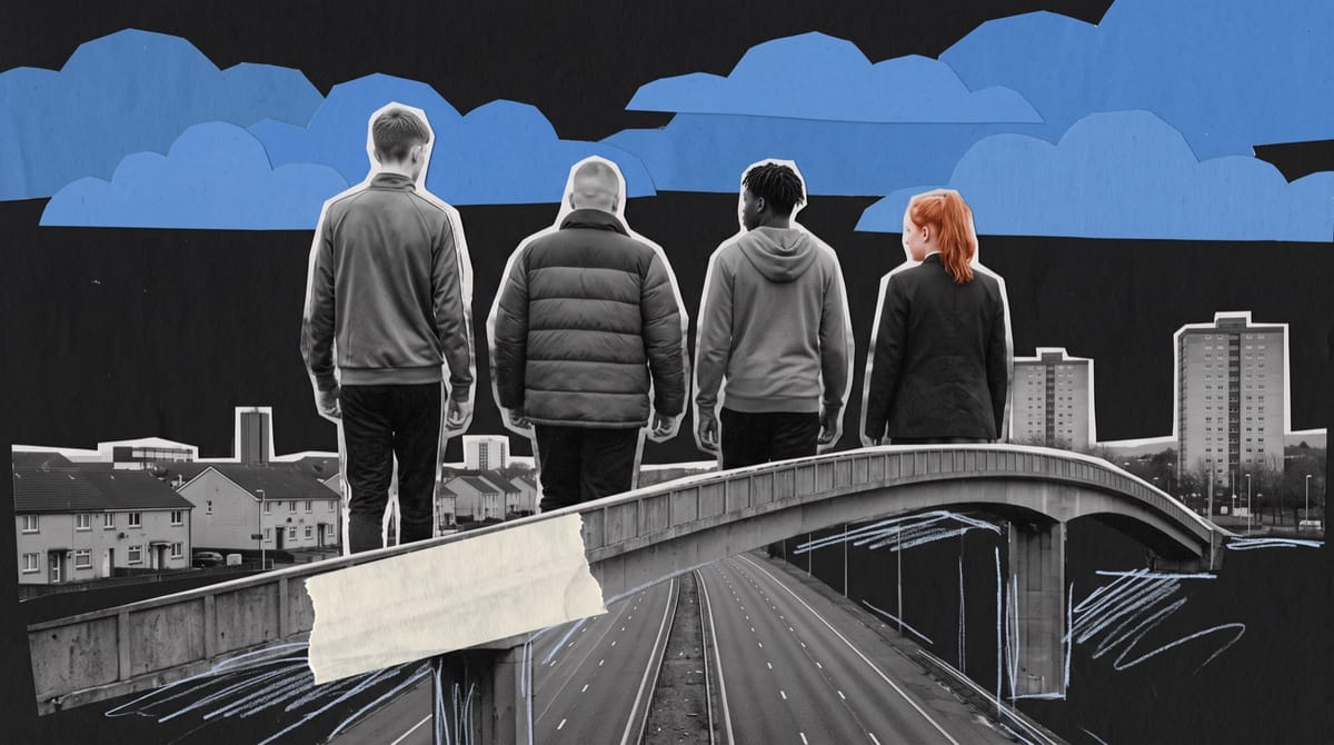 Paper collage of four teenagers seen from behind on a concrete footbridge over a motorway, looking toward low housing and tower blocks under blue paper clouds at dusk.