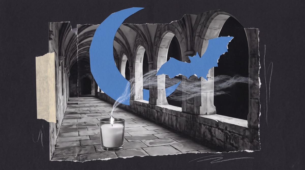 Paper collage of a long stone cloister with arched openings, a lit candle on the flagstones, and a blue paper bat flying before a large blue moon.