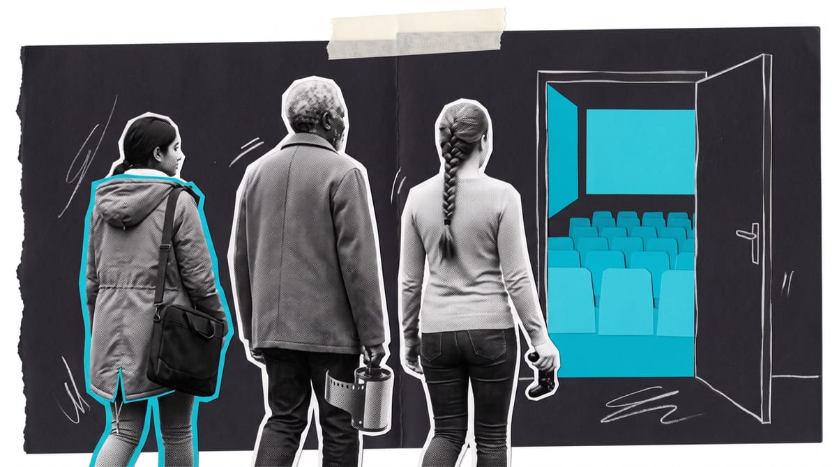 Collage of three people seen from behind, carrying a laptop bag, a film canister case and a gamepad, walking through a doorway into a cyan paper cinema auditorium.