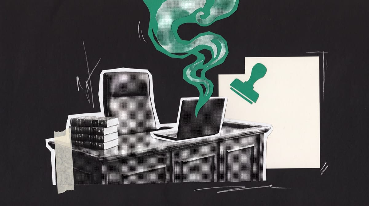 Collage of an empty courtroom bench with law books, a laptop releasing a green paper image, and a green rubber stamp hovering over a blank sheet.