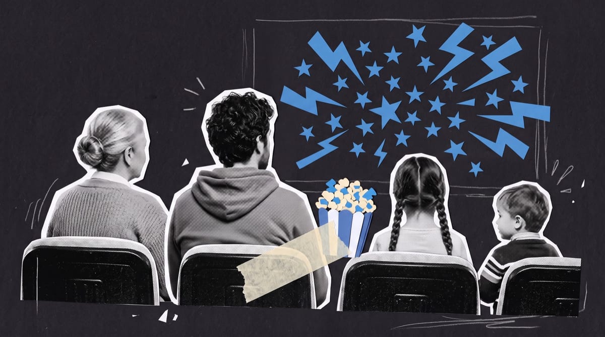 Collage of a family seen from behind in cinema seats, watching blue paper stars and lightning shapes burst across the screen, with popcorn on an armrest.