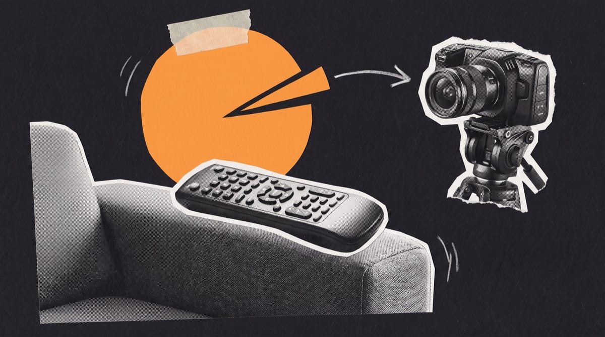 Collage of a TV remote on a sofa armrest beneath an orange paper circle, a thin slice carried along a drawn arrow to a cinema camera on a tripod.