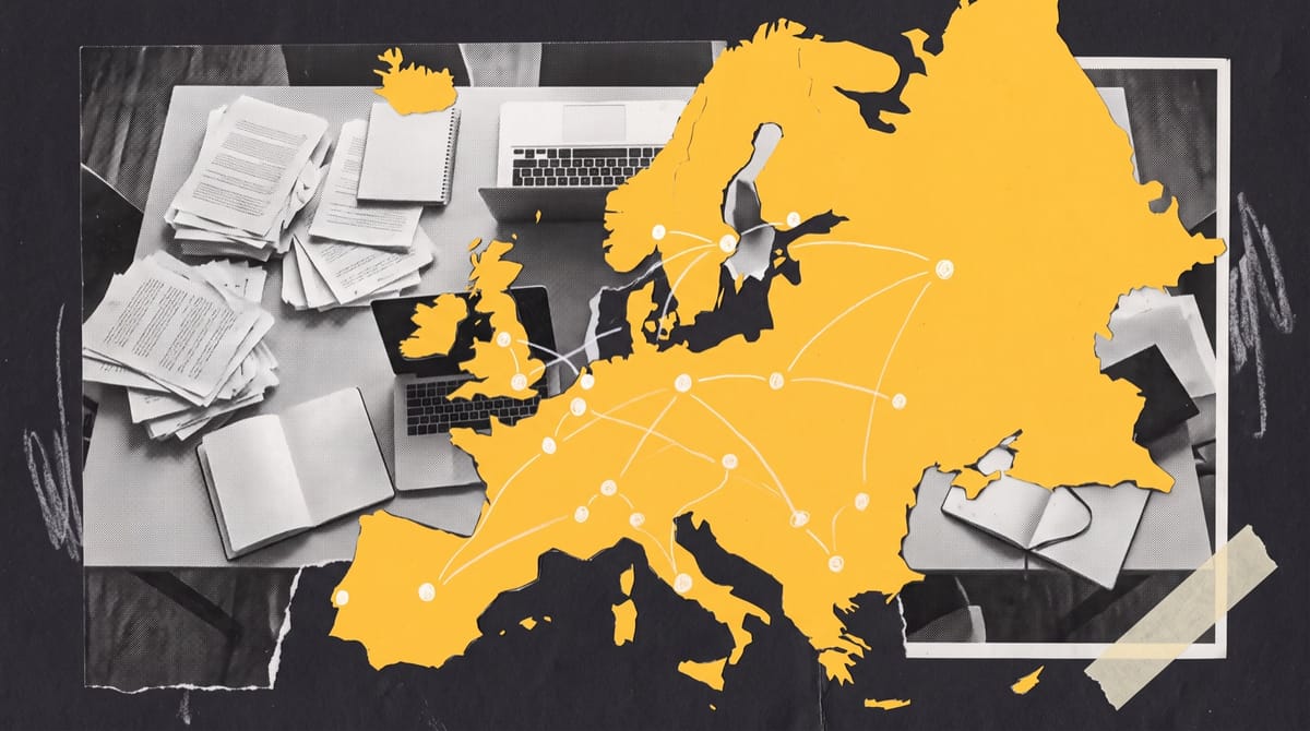 Collage of a long writers' table seen from above, strewn with manuscript pages, notebooks and a laptop, overlaid with a yellow paper map of Europe joined by white pencil dots.
