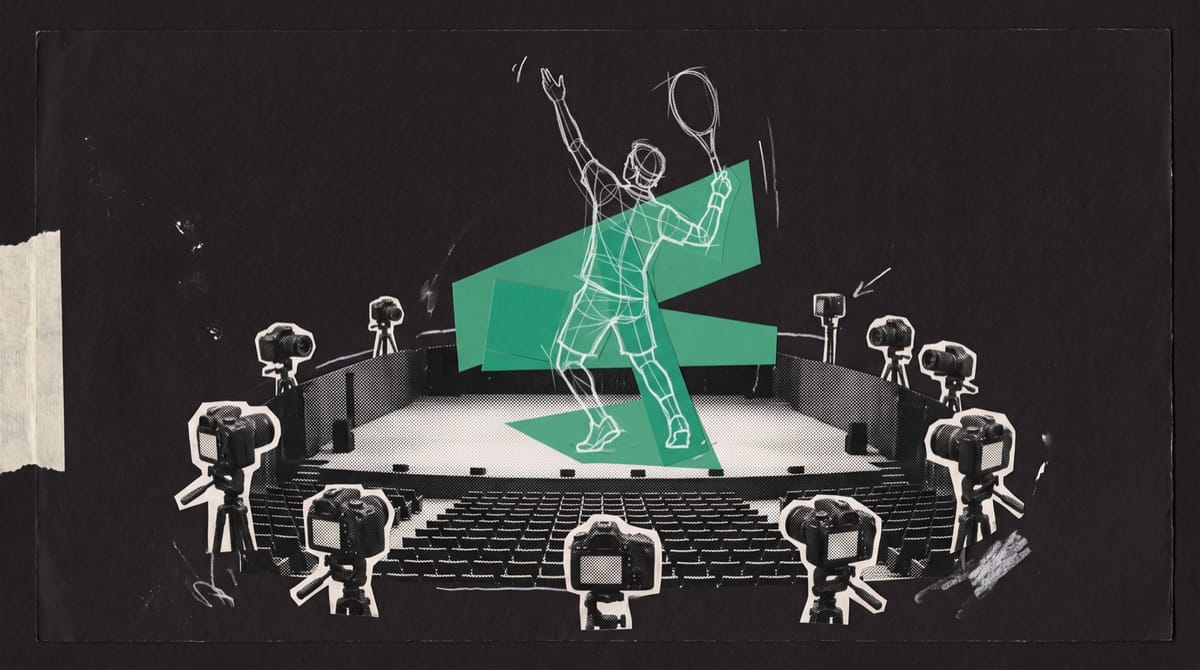 Collage of an empty concert stage ringed by small cameras on stands, with a tennis player mid-serve floating above, half sketched in white pencil and half built from green paper.