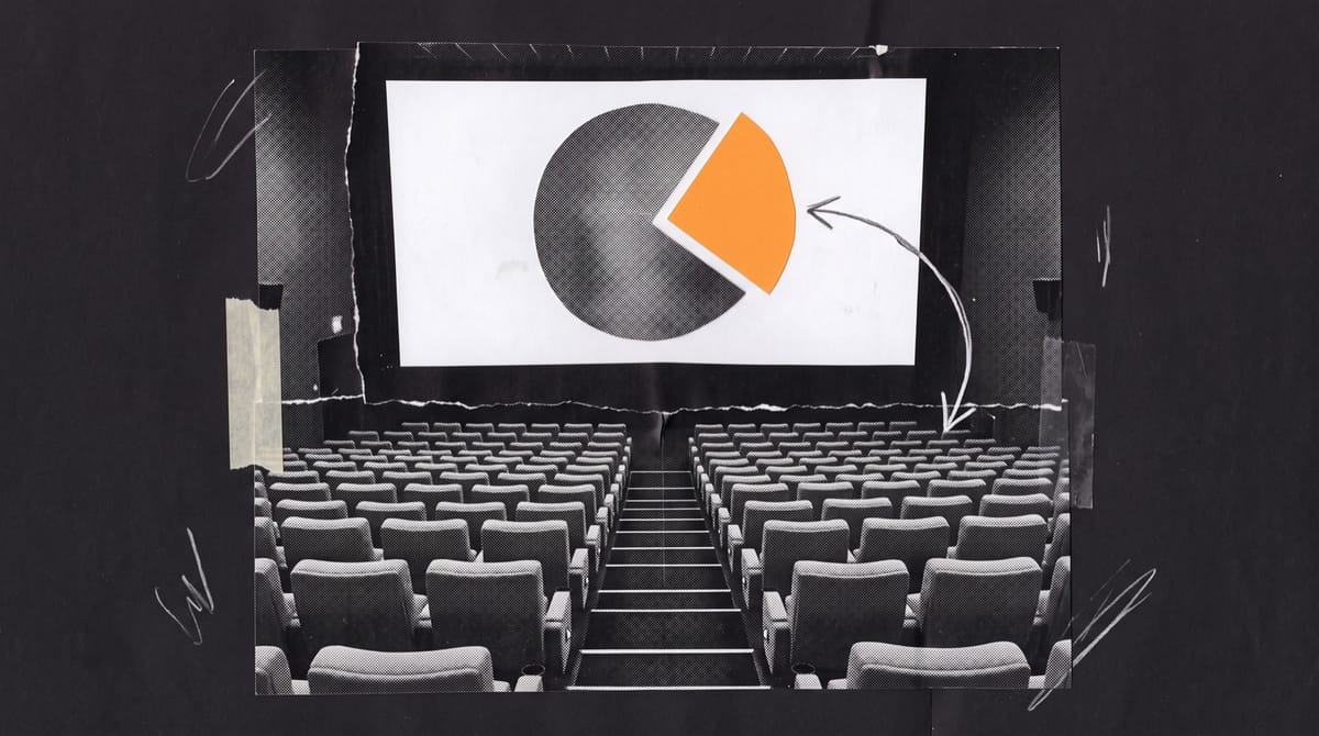Paper collage of an empty cinema auditorium seen from the back row, with an orange pie-chart slice cut into a paper circle on the screen and a pencil arrow pointing at the seats.