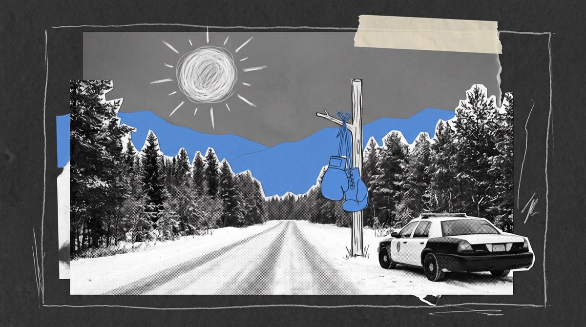 Paper collage of an empty police car parked beside a snowy forest road, blue paper boxing gloves hanging from a wooden post, and blue hills under a pencil-drawn sun.
