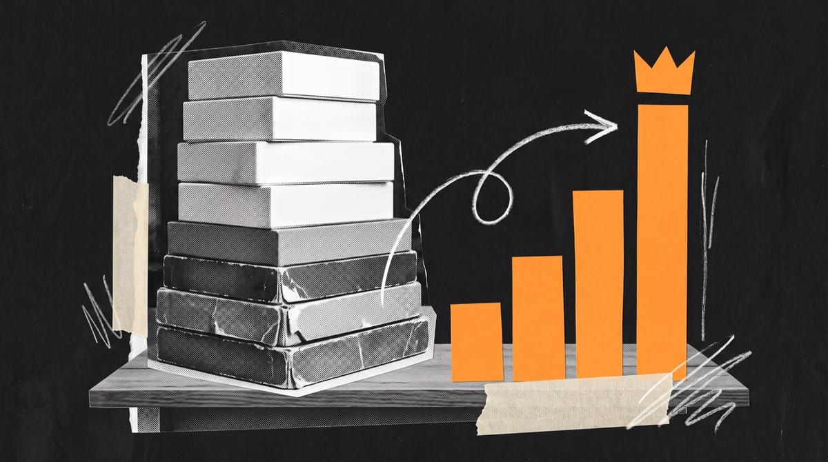 Paper collage of a tall stack of worn game boxes on a shelf beside an orange bar chart climbing in four steps, a crown on its tallest bar.