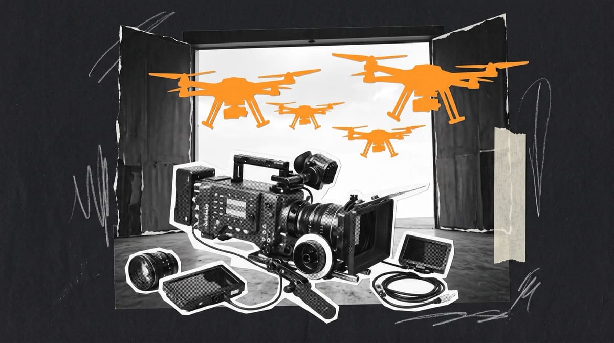 Paper collage of a broken cinema camera lying on an empty studio floor while four orange military drones fly out through open studio doors into the sky.