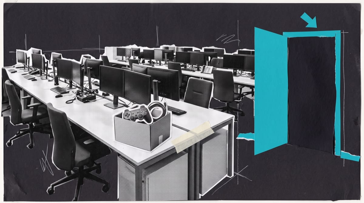 Paper collage of an open-plan games studio with empty desks and a cardboard box holding a gamepad, beside a cyan door standing open onto darkness.